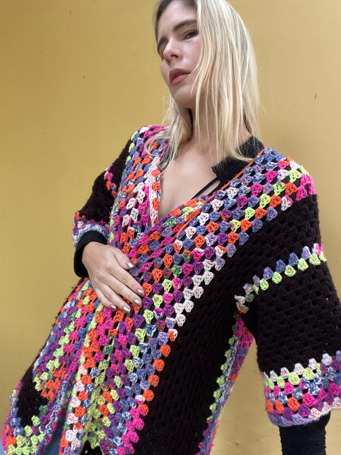 Colourful crochet open style cardigan