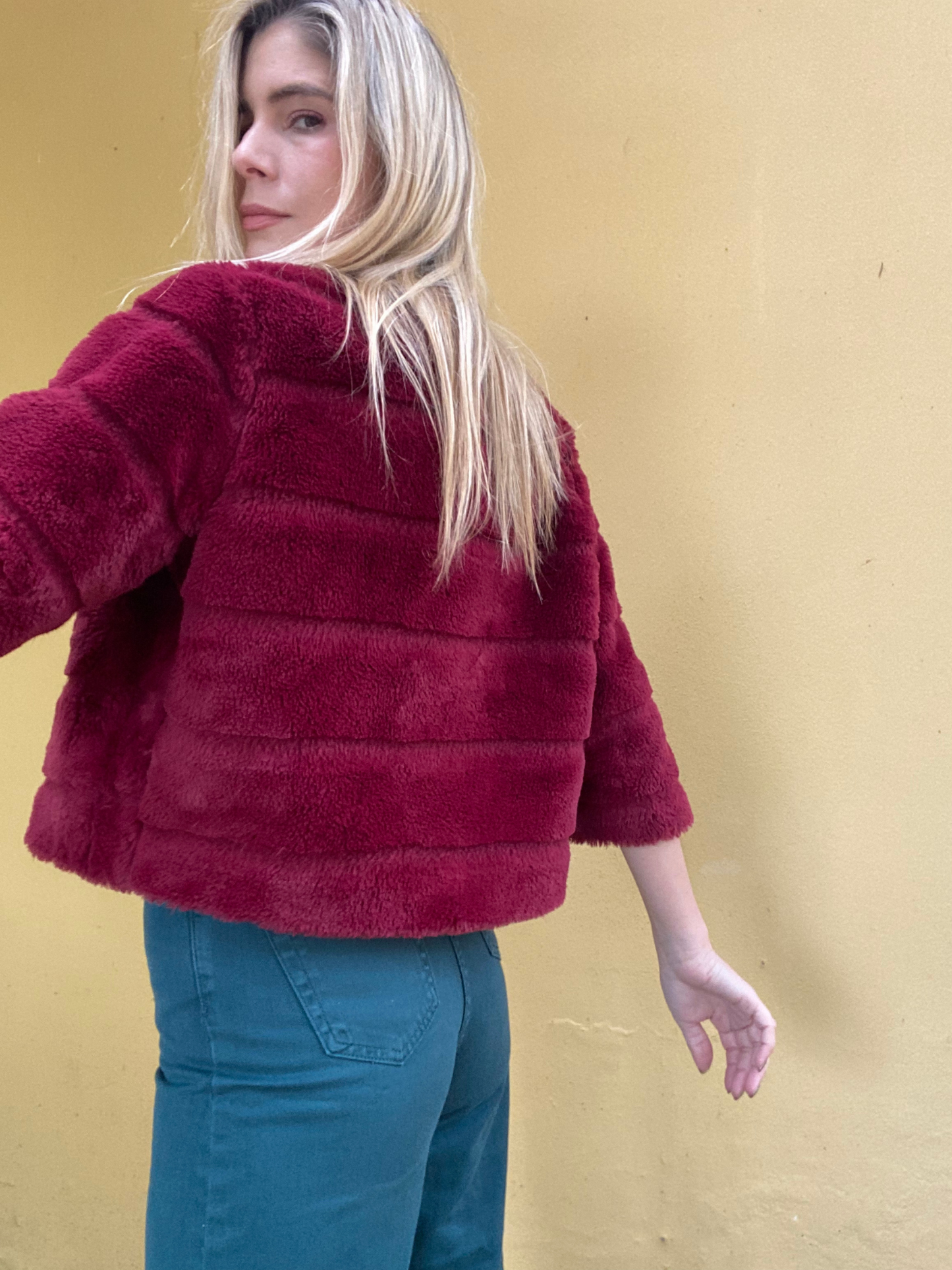 Maroon fluffy crop jacket