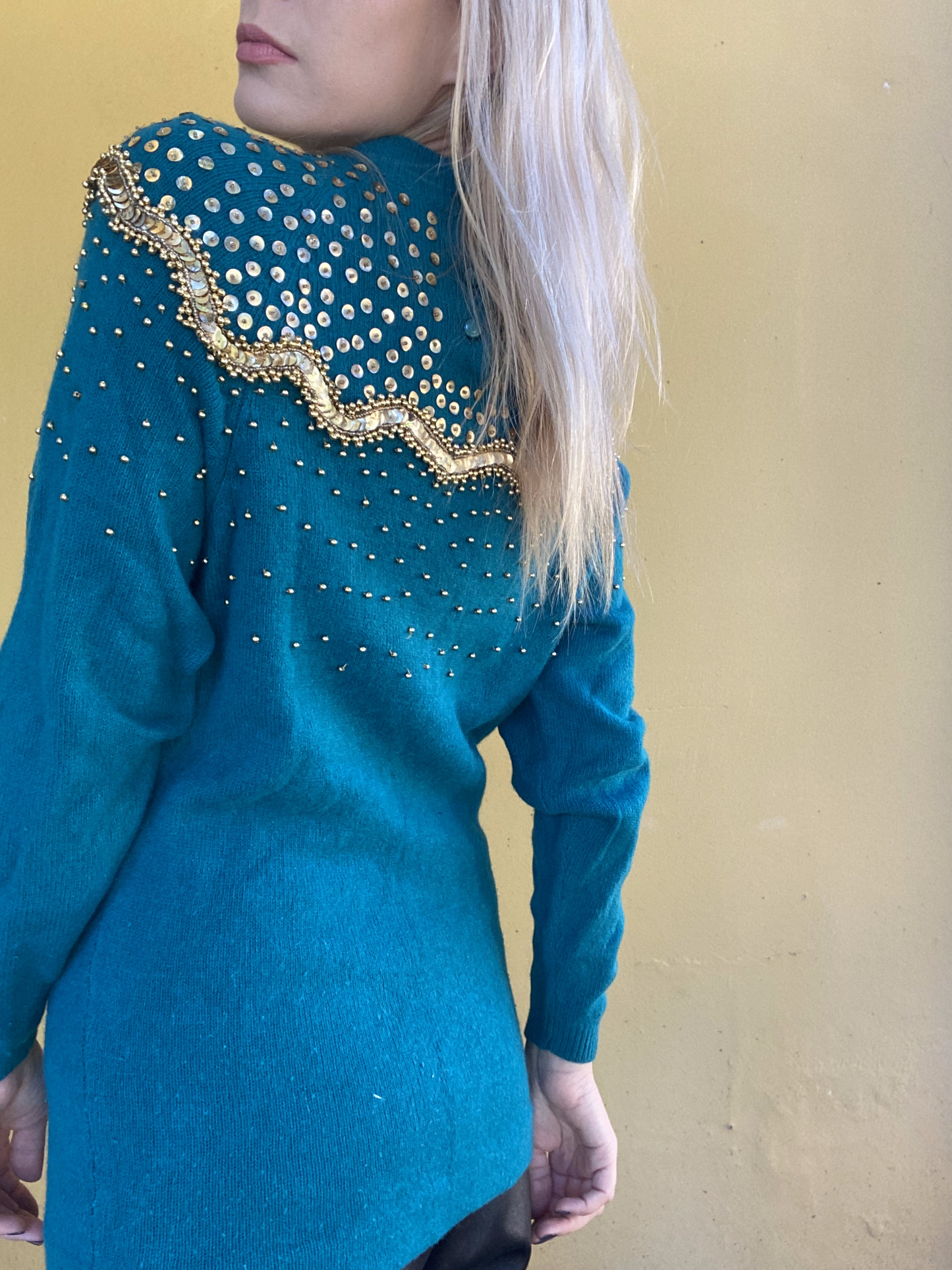 Teal jersey with gold sequin detailing