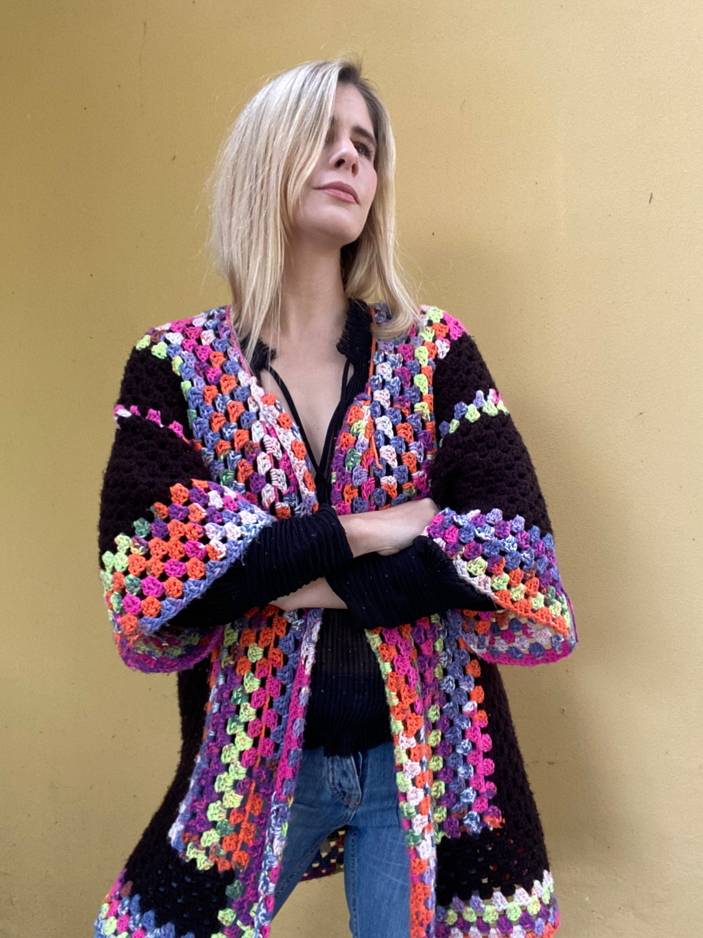 Colourful crochet open style cardigan
