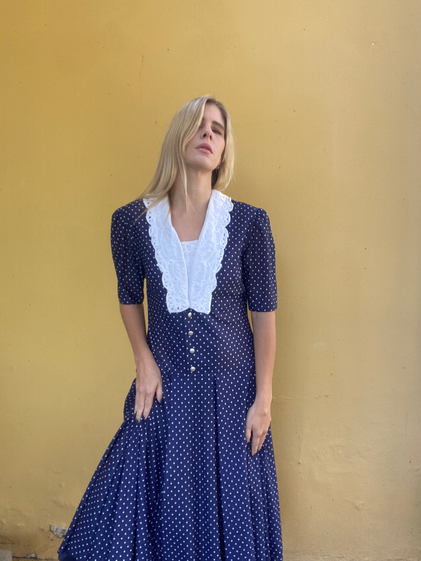 RUTH REED navy polka dot dress