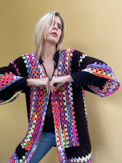 Colourful crochet open style cardigan