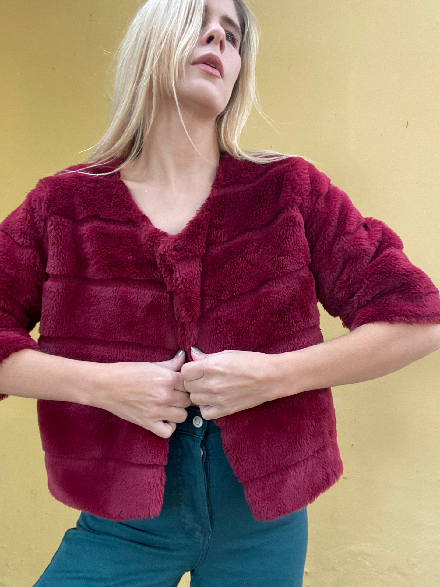 Maroon fluffy crop jacket