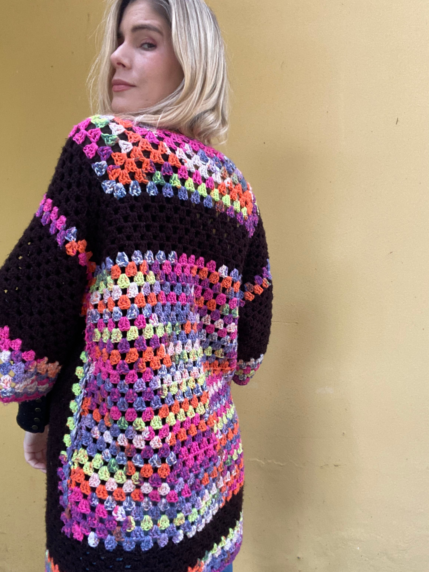 Colourful crochet open style cardigan