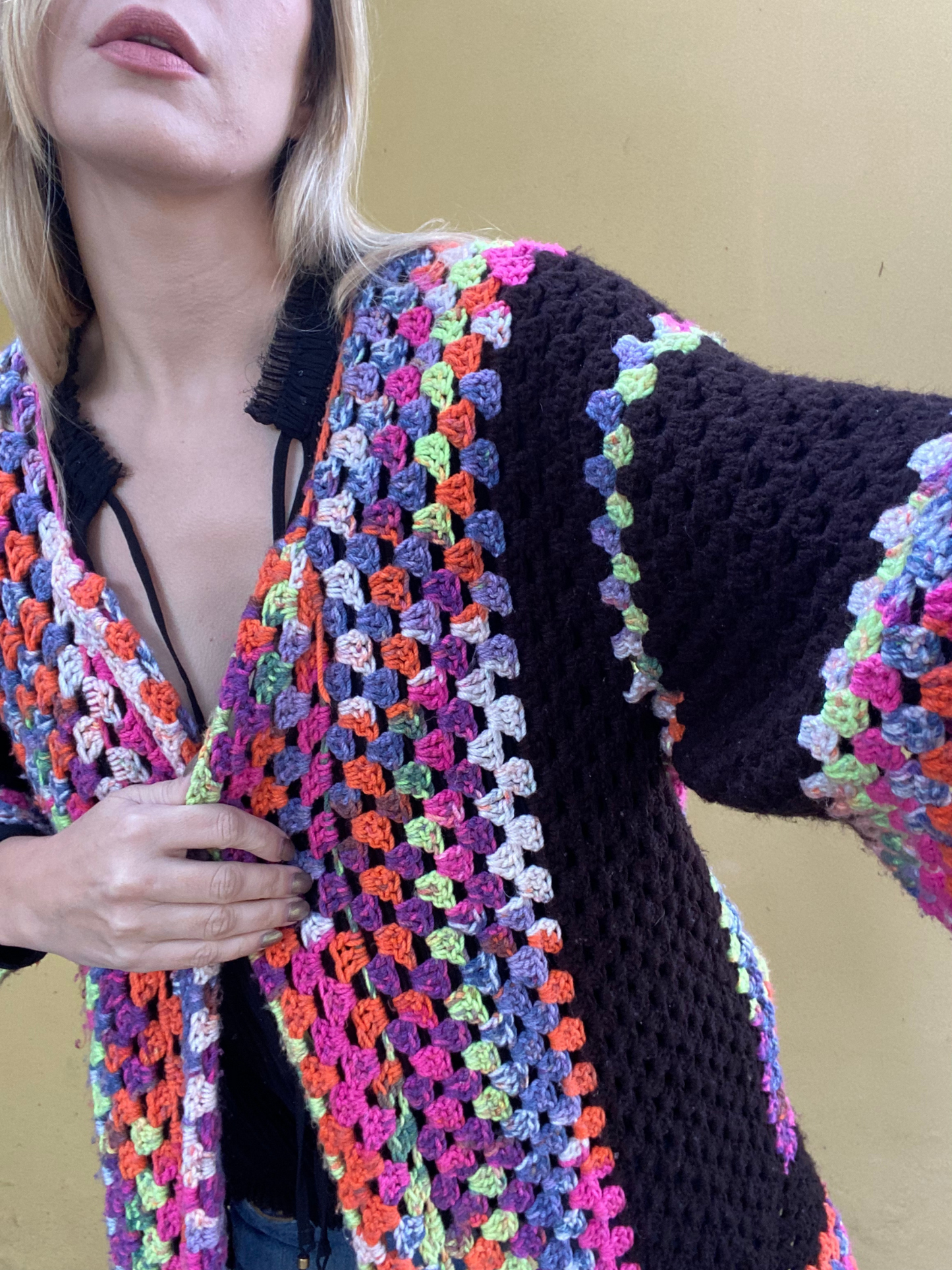 Colourful crochet open style cardigan
