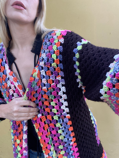 Colourful crochet open style cardigan