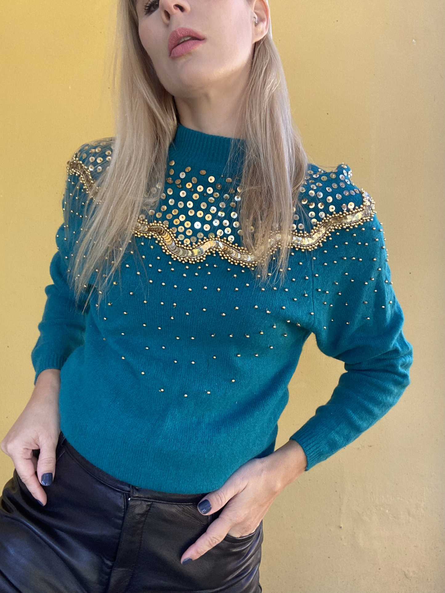 Teal jersey with gold sequin detailing
