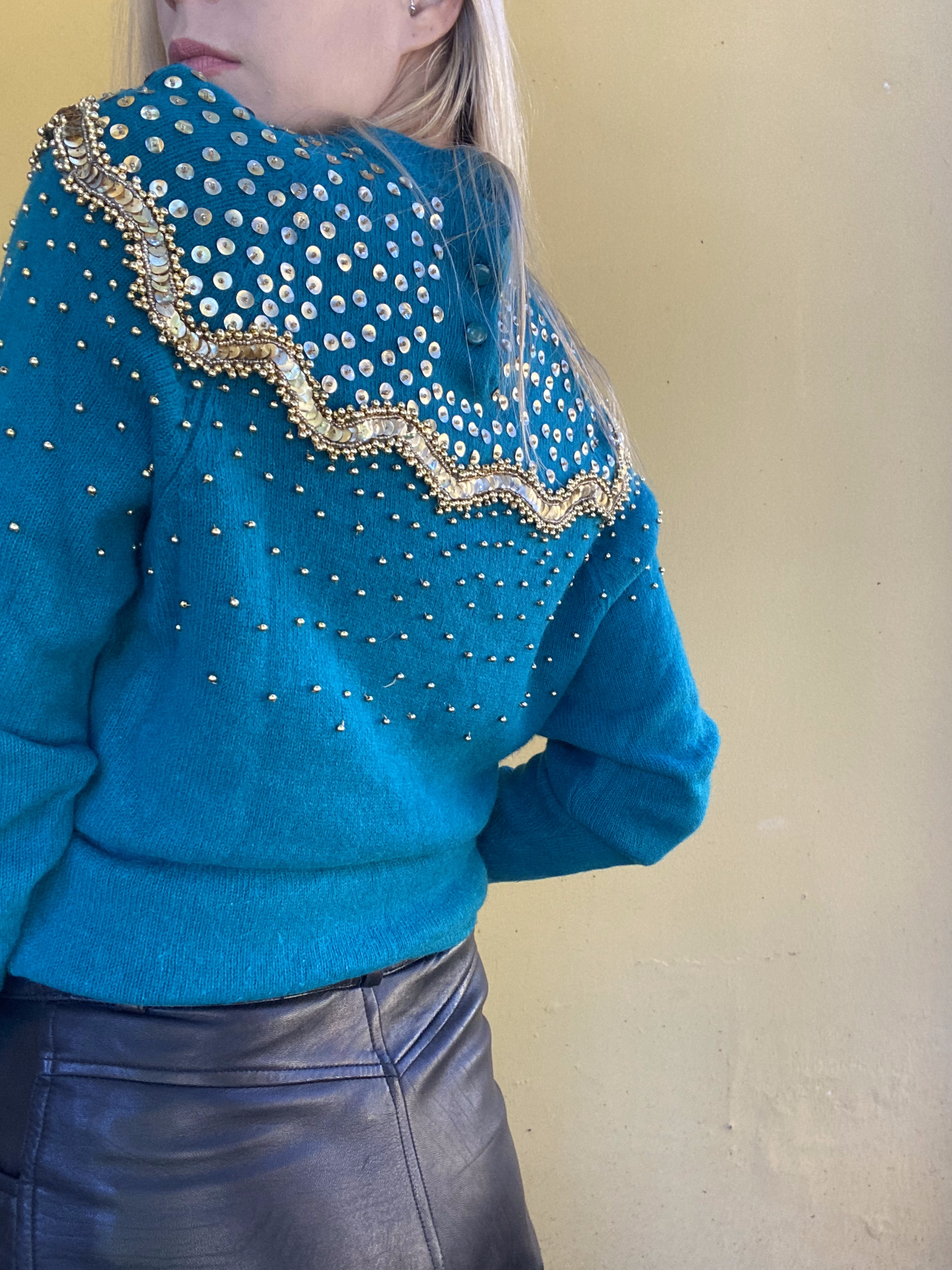 Teal jersey with gold sequin detailing