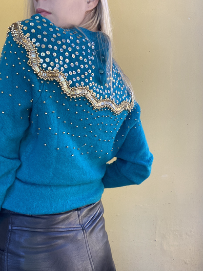 Teal jersey with gold sequin detailing