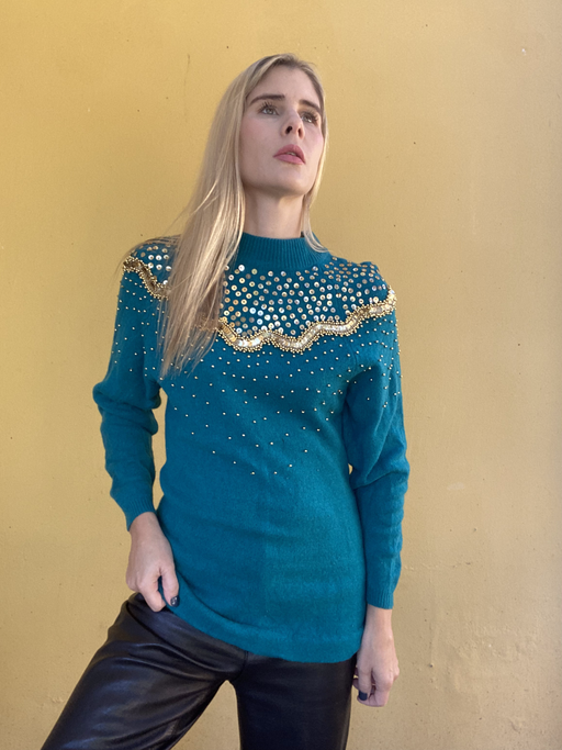 Teal jersey with gold sequin detailing