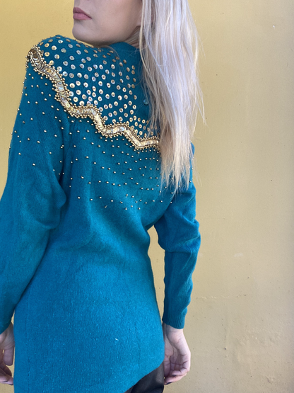 Teal jersey with gold sequin detailing