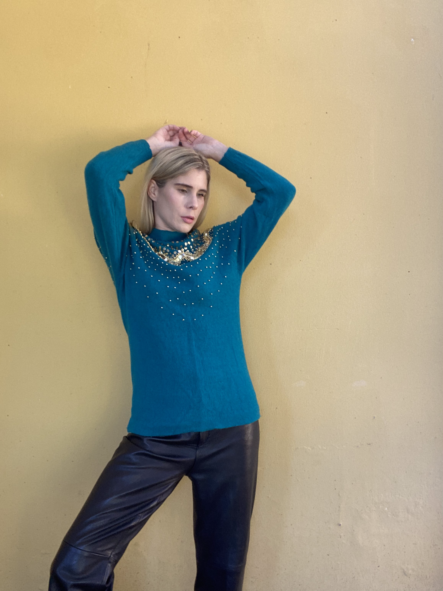 Teal jersey with gold sequin detailing